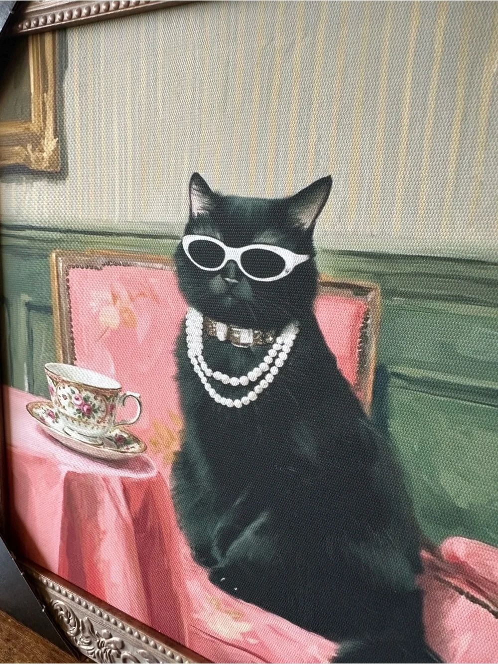 Framed Black Cat with Pearls & Sunglasses Wall Art Decor with Pink Accents NEW
